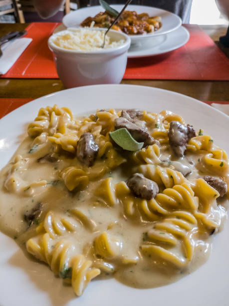 Macro pasta dish with white sauce